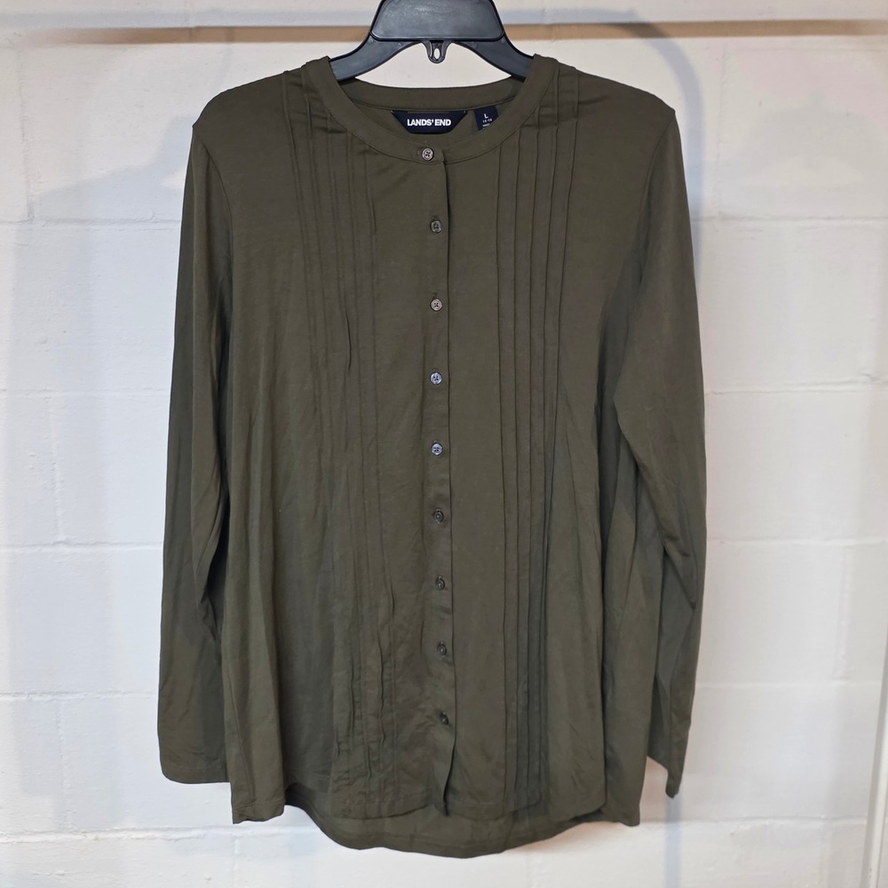 NWOT Lands End Womens L Olive Green Pintuck Button Front Long Sleeve Jersey Top